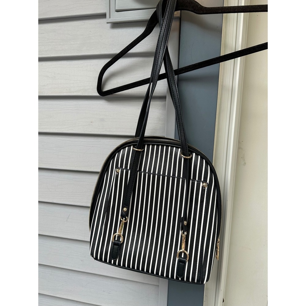 Miztique Black White Striped Dome Handbag Gold Hardware Faux Leather Tote Bag - Picture 2 of 6